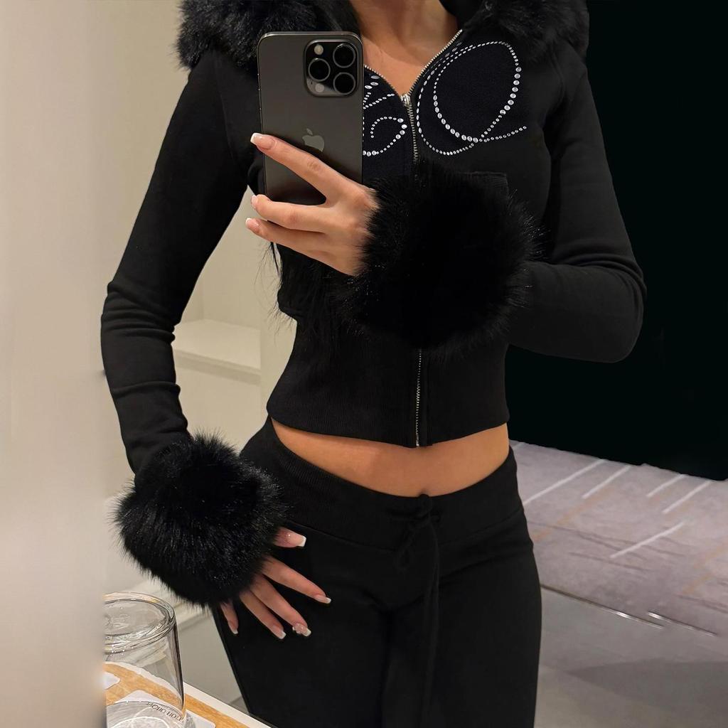 2025 Fall/Winter European Furry Hoodie & Rhinestone Sweatpants Set