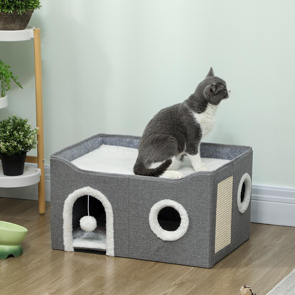 Foldable Indoor Cat House with Scratching Post, Elevated Bed, 60 x 40 x 34 cm, Grey