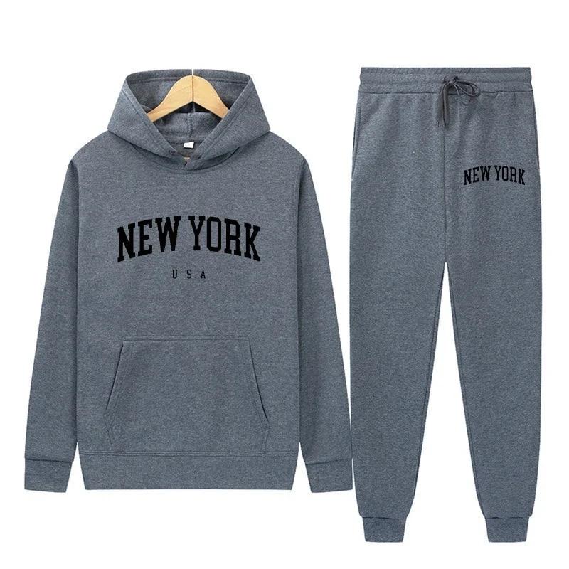 New York Letter USA City Hoodies + Hosen 2-teiliges Set Damenmode Sweatshirts Damen Casual Kapuzenpullover Sportwear-Anzug