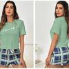 New Women's 2 Piece Pajamas Sets Letter Short Sleeve Pullover Tops and Drawstring Plaid Shorts Casual T Shirt Loungewear Pjs Set