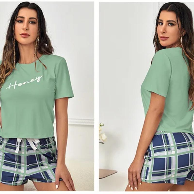 New Women's 2 Piece Pajamas Sets Letter Short Sleeve Pullover Tops and Drawstring Plaid Shorts Casual T Shirt Loungewear Pjs Set
