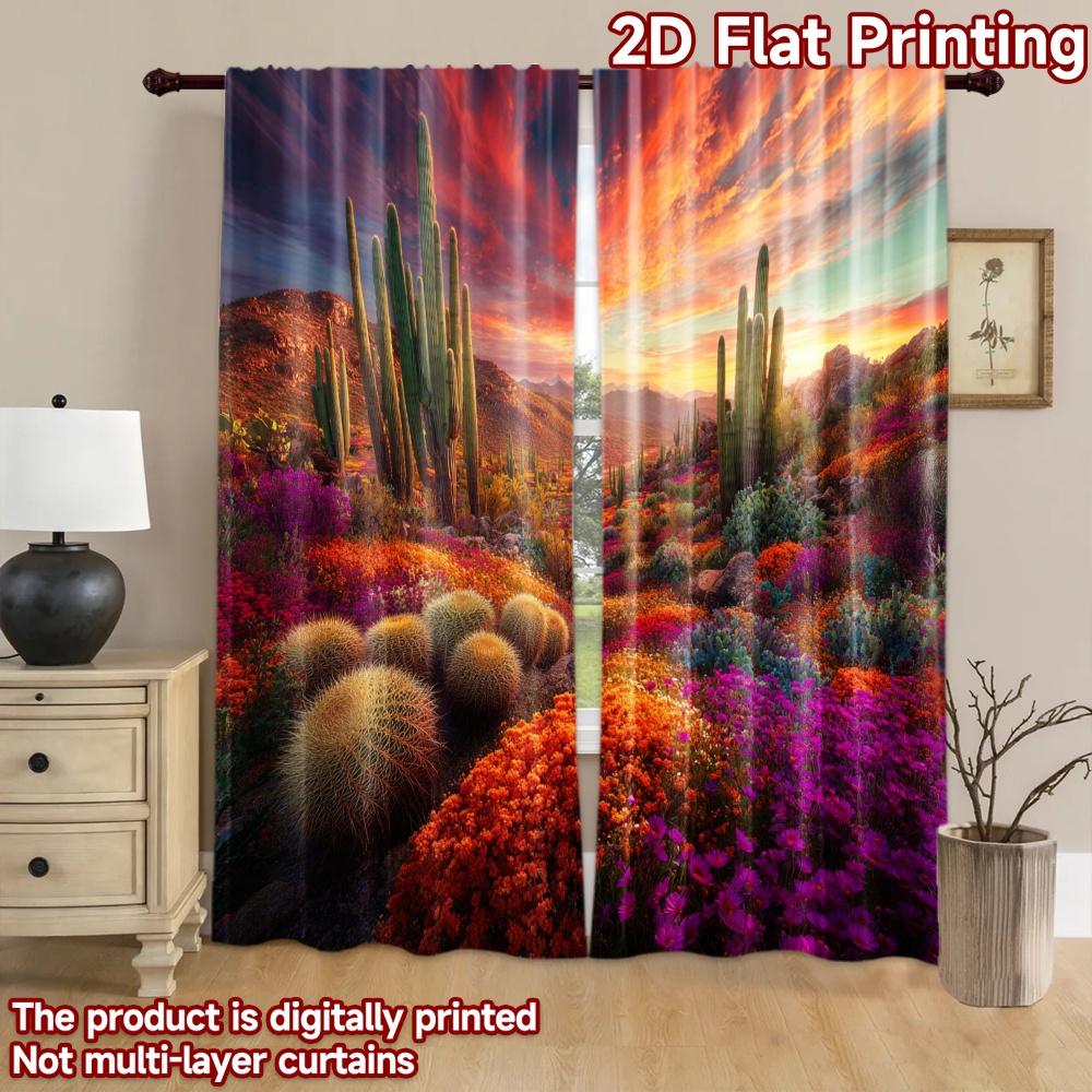 2D flat printing 2pcs Party Curtain Desert Sunset Cactus Flower Bloom Digital Printed Polyester Drapes Holiday Decorations for