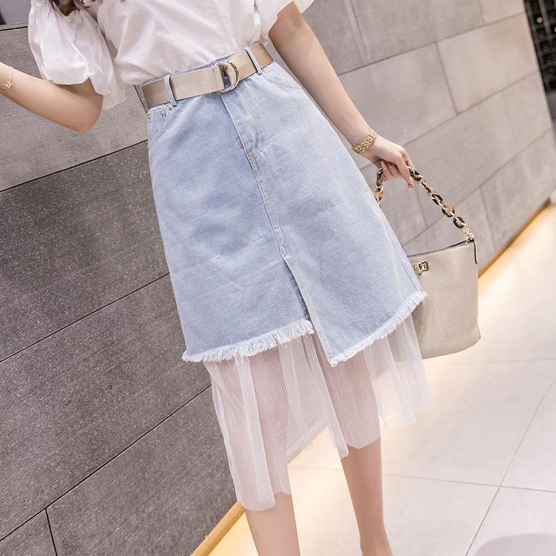 New Splicing Colored Mesh Denim Skirts Ragged Edge Irregular Denim Women's Skirts Mid Length Asymmetric Wrapped Hip Skirt