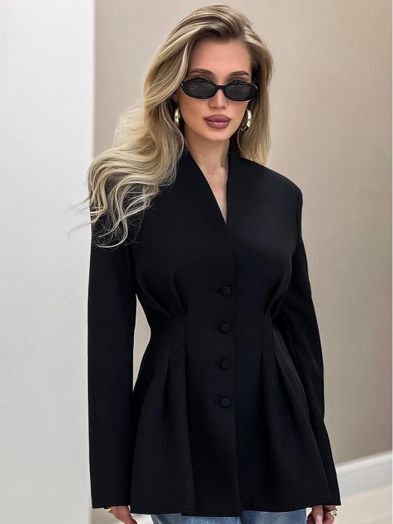 2026 Autumn/Winter V-neck Long-sleeved Buttoned Waist-Cinching Suit Jacket
