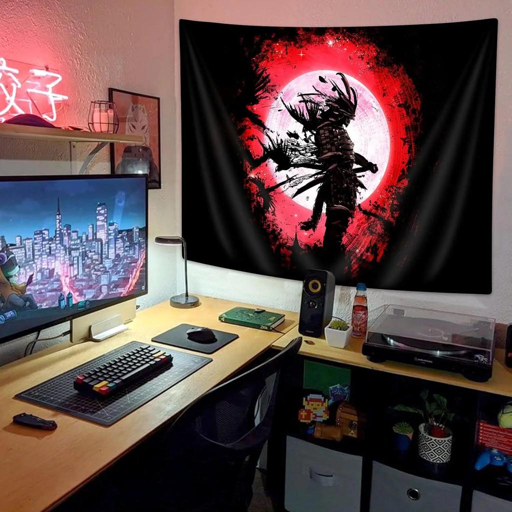 Samurai Warrior Tapestry  Bold Red Moon Art for Bedroom Decor Enhance Your Space with Dramatic and Cultural Vibes