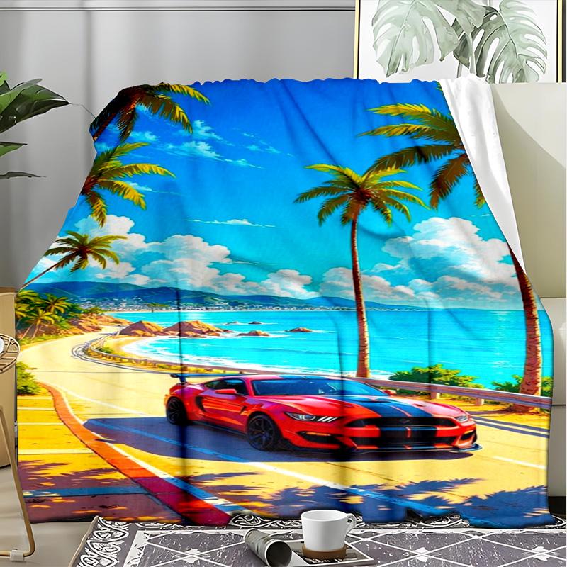 Pink Car Butterfly Rose Countryside Fleece Printed Flannel Blanket, Warm Soft Throw Sofa Bed Blanket