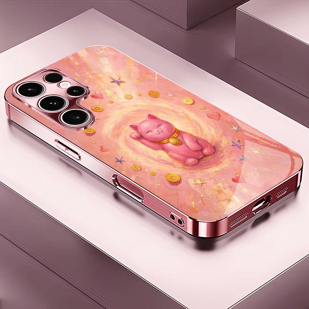Pink Money Cat PhoneCase for Samsung Galaxy S26 S25 S24 S23 S22 FE Ultra Plus Built-in glass feel bare machine Women's style