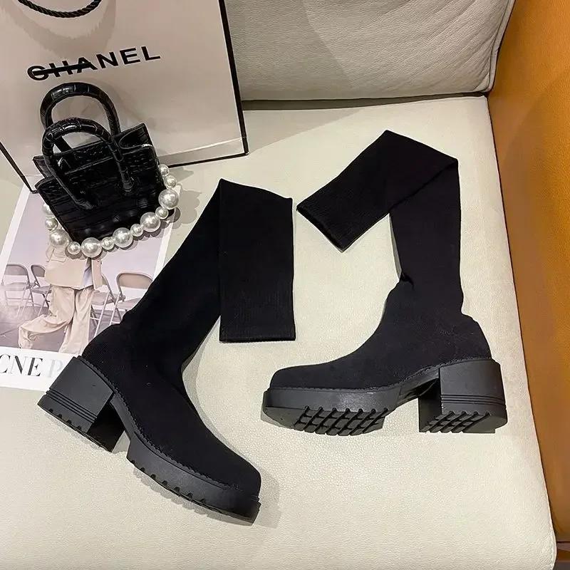 Fashion High Heels Long Boots for Women Elegant Heeled Round Toe Knee Shaft Shoes Woman Sock Gyaru Fashion 2024 Trend Winter Novelty Y2k