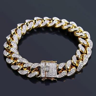 Hip Hop Iced Out Bracelet Cuban Chain Cubic Zirconia Bracelet for Men Gold Plated Anniversary Party Gift