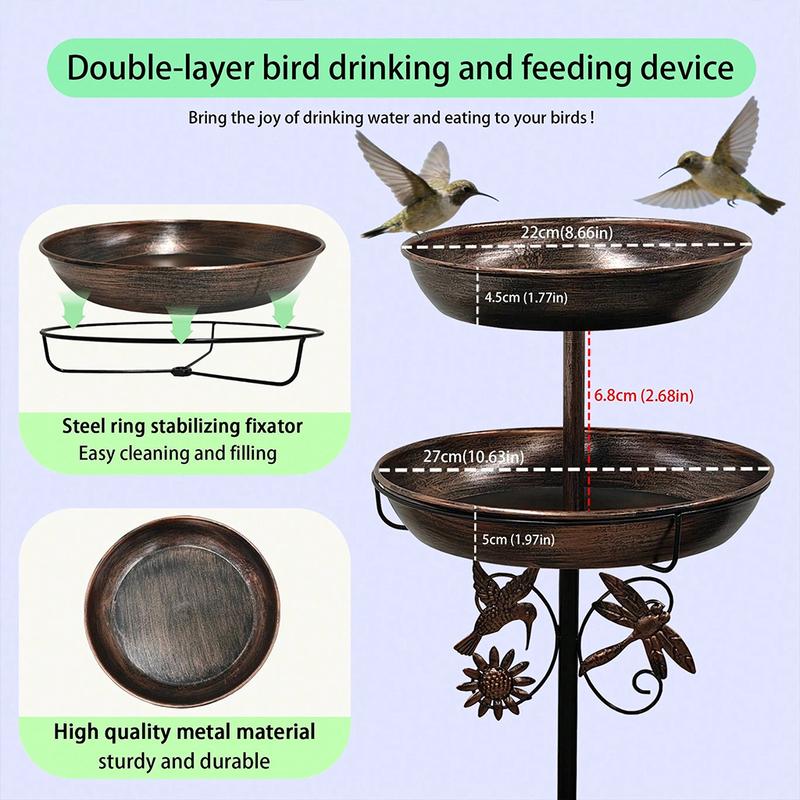 1Pc Vintage 2-Tier Iron Bird Bath & Feeder Combo – Rust-Proof 5-Claw Ground Stake, All-Weather Outdoor Garden Decor for Hummingbirds & Sparrows