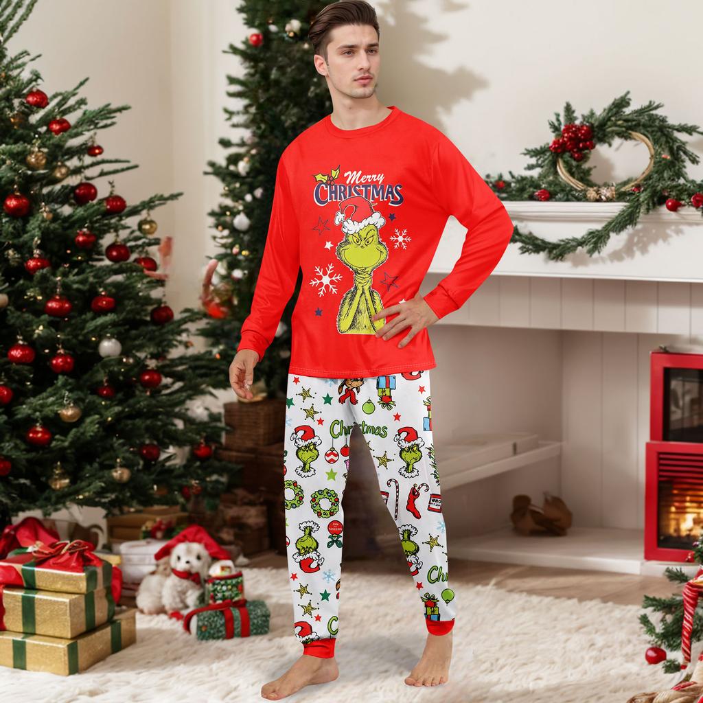 Family Matching Christmas Pajama Set Long Sleeve Round Neck Loungewear for Parents and Kids