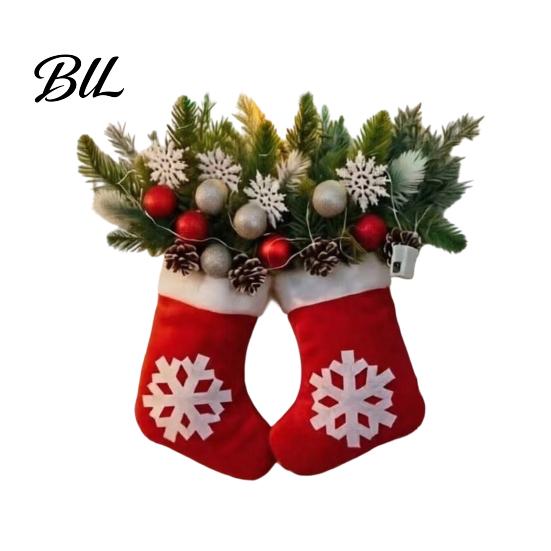 Festive Glove Shaped Decor Christmas Mitten Door Hanger, Red White Ornament with Pine Cone Berries, Party Decorations Fabric Holiday Wall for