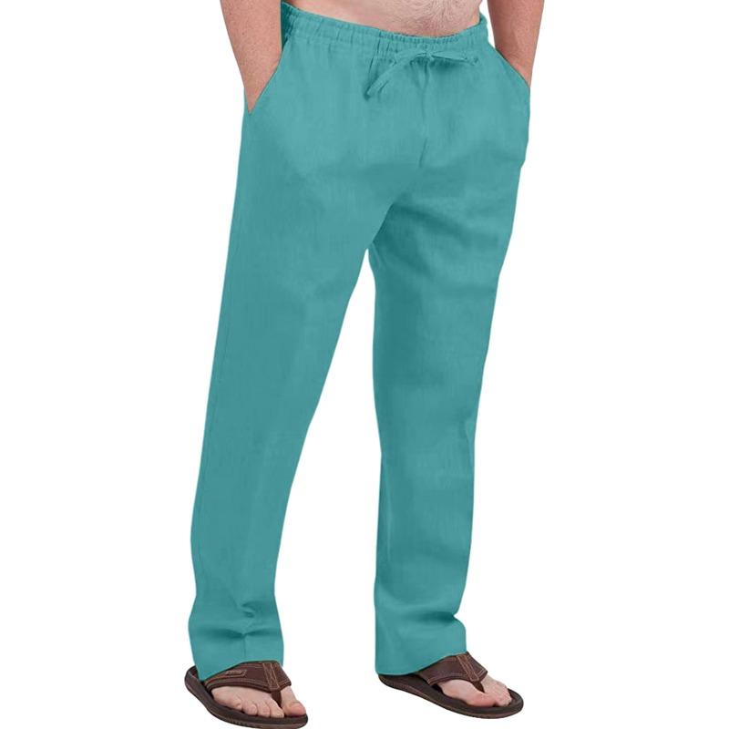 Herren Freizeit Atmungsaktive Baumwoll-Leinen Kordelzug Hose – Atmungsaktive Sommer Strandhose
