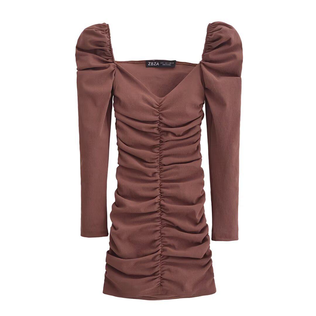 

2025 Spring Fashion: Women s European & American Slim Stretch Pleated Dress Small коричневый