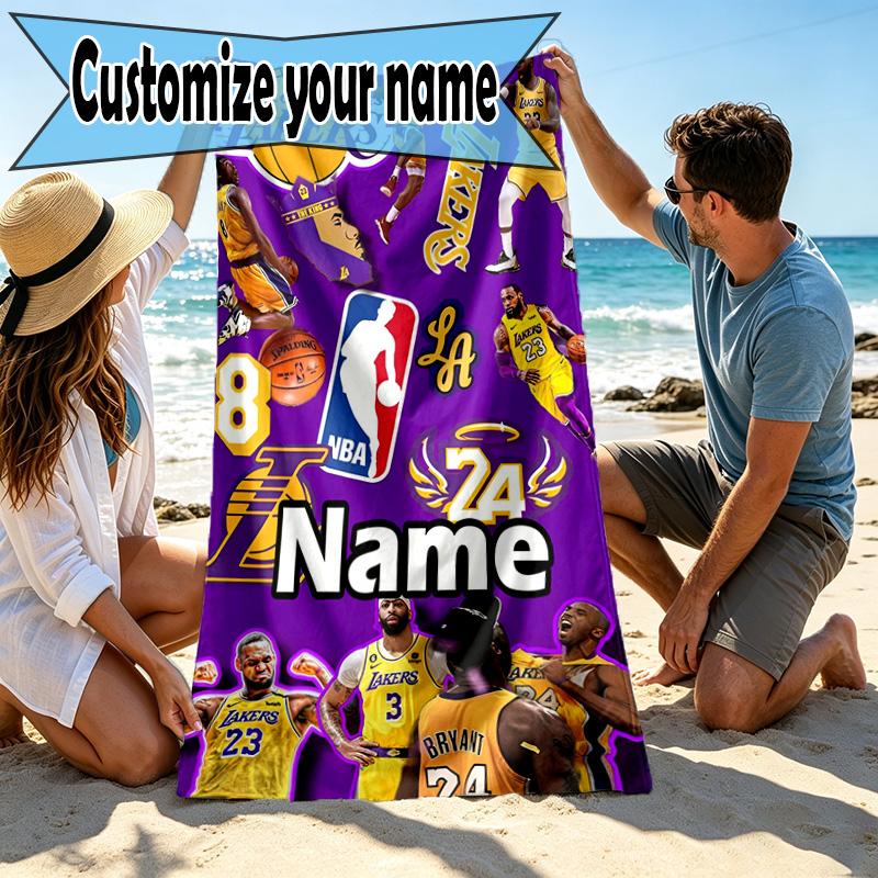 Custom Name Personalized NBA Print Beach Towel, for Trip Camping Beach Party Home Decor, Birthday Gift for Family & Friends