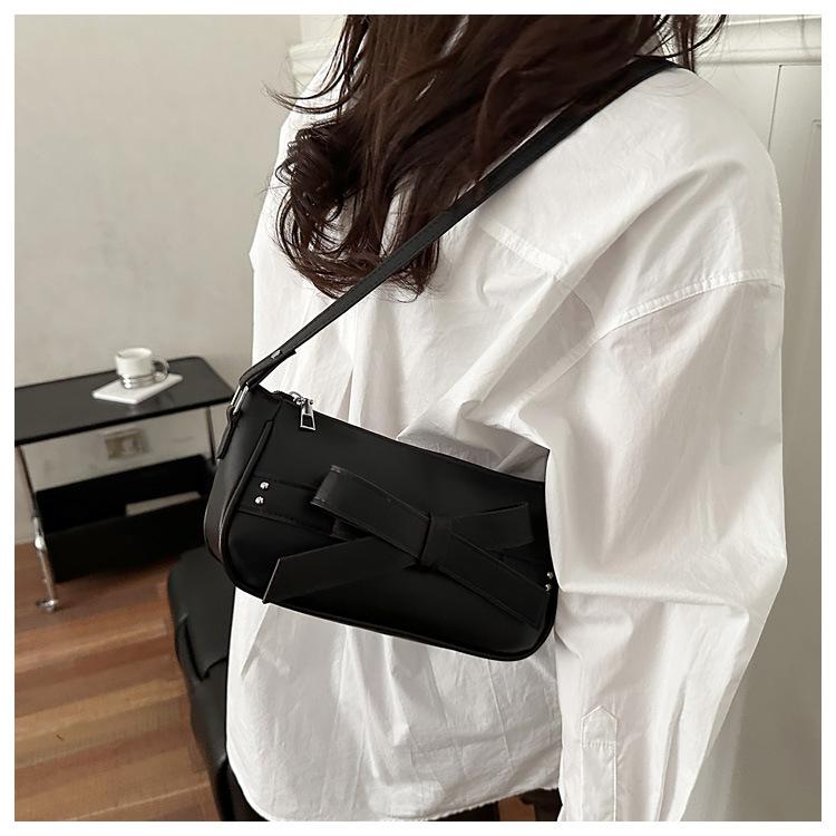 Vintage Bow Square Shoulder Bags for Women Versatile Solid Color Ladies Pu Underarm Bag Simple Female Phone Handbags Purse