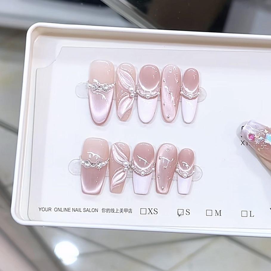 

Плетеная вручную броня, трехмерный расписанный вручную патч для ногтей «Кошачий глаз» французский, с эффектом погони за светом large L