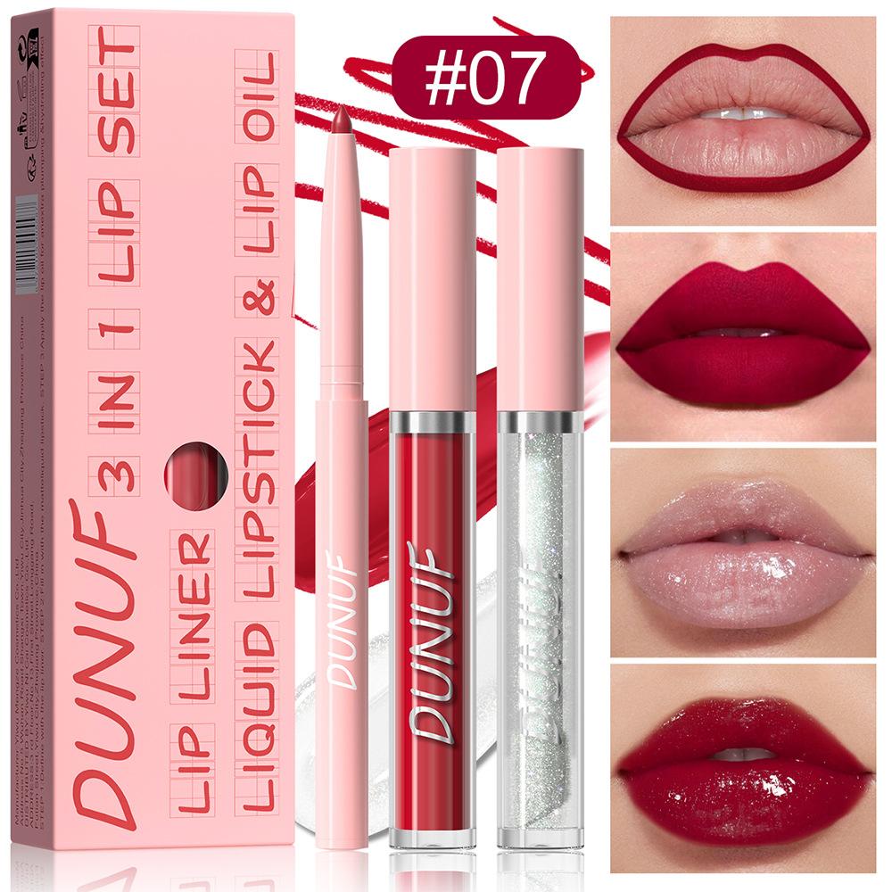 3Pc Velvet Matte Lipstick Pen Nude Brown Lip Liner Pencil Kit Rose Red Matte Lipliner+Lip Gloss+Lip Oil Set Waterproof Lips Tint