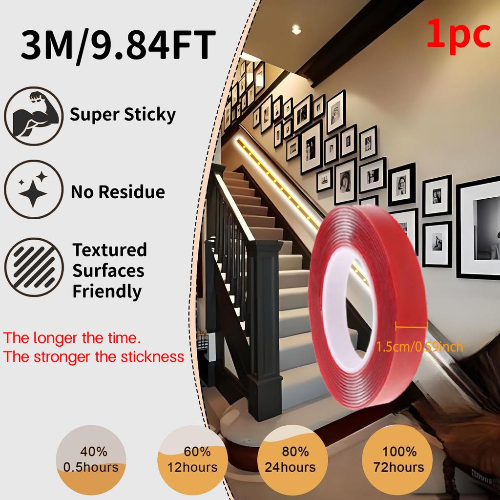 Red Acrylic Double-Sided Tape, Transparent, Strong Adhesive, No Trace, 6mm–30mm, for Phone, LCD, and Car Use