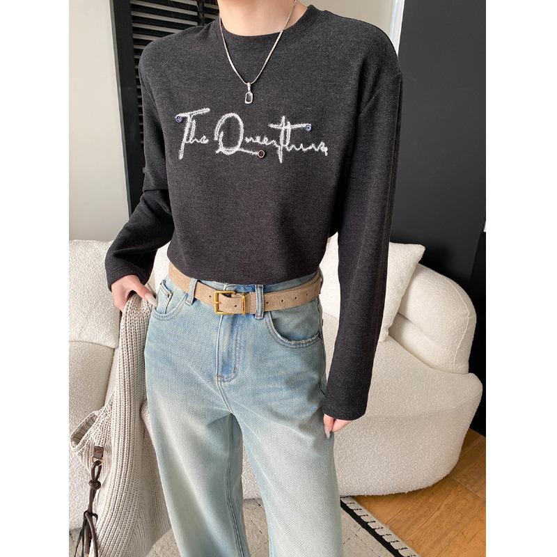 Sinan Niche Embroidered Button Letter Loose Fit Thick Long Sleeve Base Layer Shirt SN8325 One Size темно-серого