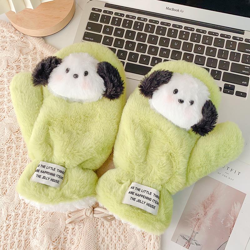 Winter Cartoon Korean Style Plush Lined Cycling Gloves with Lanyard for Students