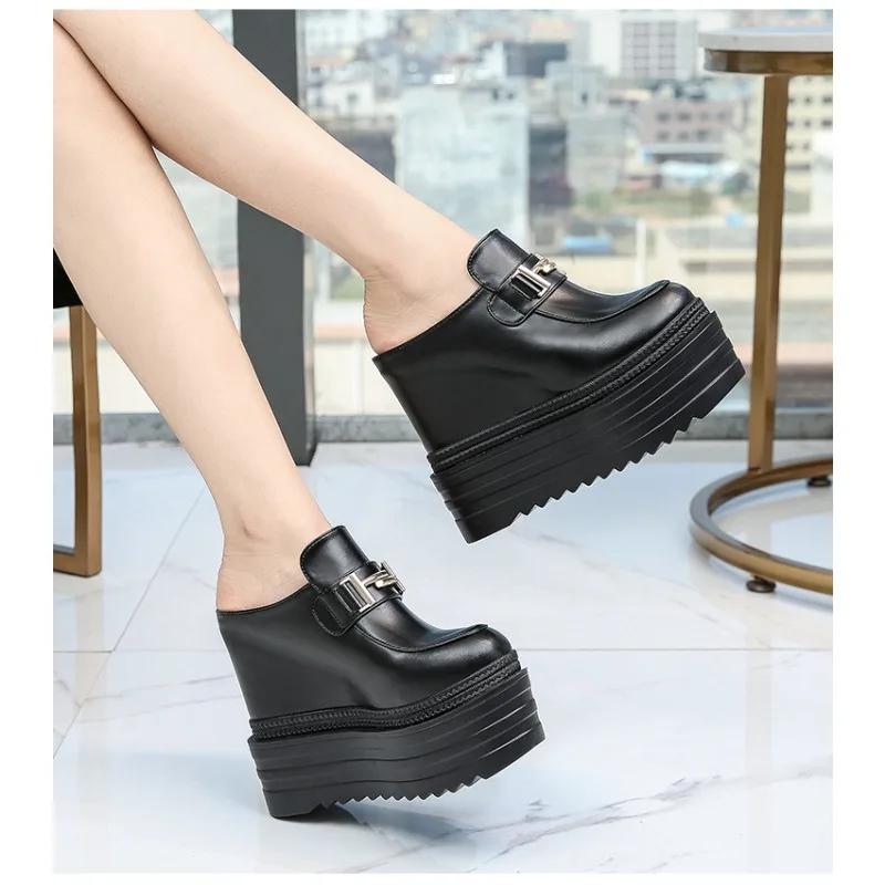Fashion 13CM Platform Genuine Leather Women Summer Shoes Heightening Slippers Wedge Sandals Rhinestone Hollow Female Slip On Shoes