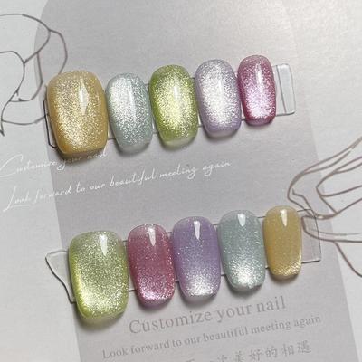 HANDMADE Artificial Nail Short Rainbow Cat's Eye Phototherapy Nails Fake Nails Reusable and Removable Nails