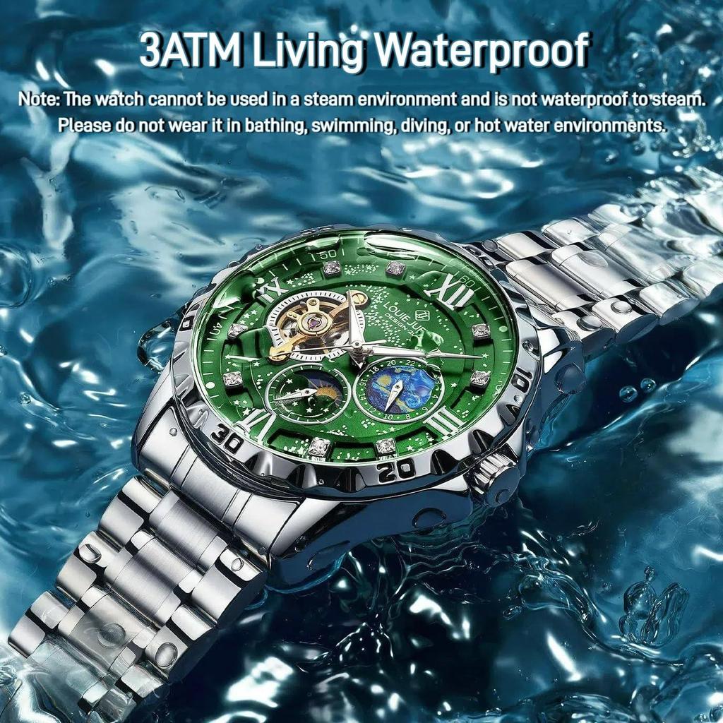 Luxury Automatic Mechanical Men Watch Fashion Moon Phase Business Watches Hollow Tourbillon Stainless Steel Men Wristwatch