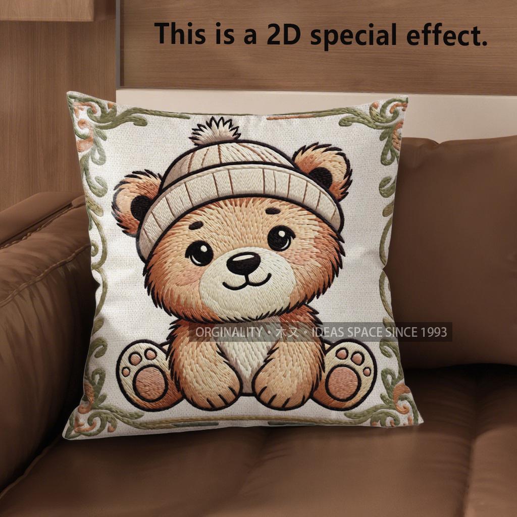 2D Cute Bear Pillows With Hats For Home Decor Pattern Cushion Cover Suitable For Sofa Bedroom Car Pillow Cover