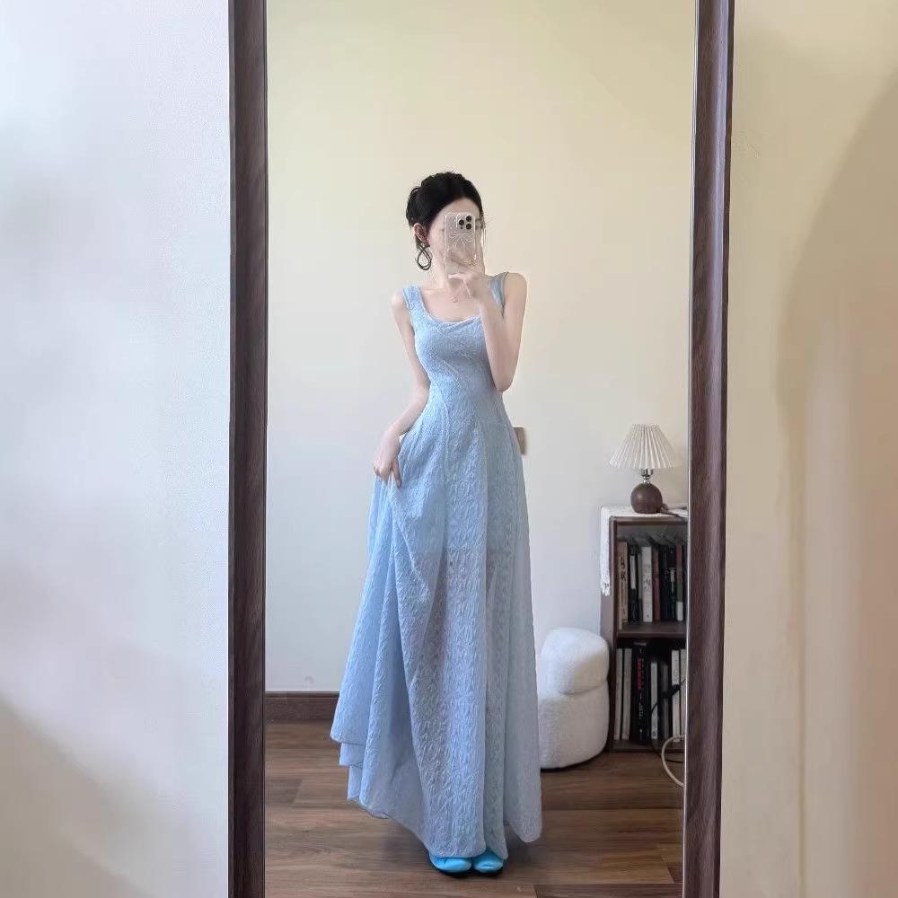 

Women s Blue Lace Tank Strap Dress: French Summer Style, Waist-Cinching, Long Seaside Resort Dress. Small