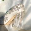 New shallow mouth pointed head satin rhinestone high heels transparent thick heel 9cm white crystal