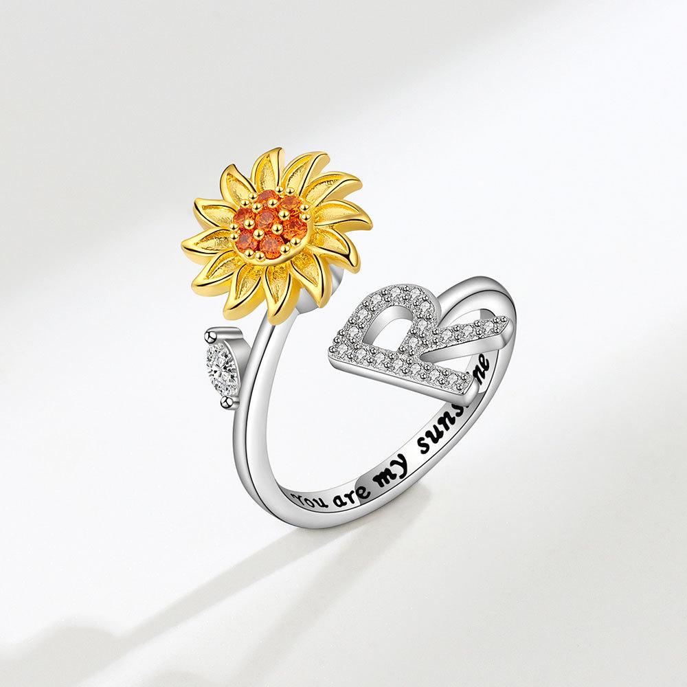 Creative Sunflower Rotating Ring 26 Letters Adjustable Open Design Women's Fashion Finger Jewelry Daily Wear & Gift Accessories