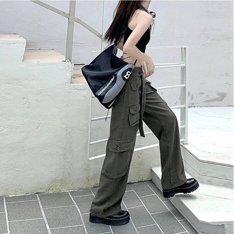 2024 New Women's Casual Fashion Multi Pocket Street Wear Women's Long Pants Casual Straight Leg Pants