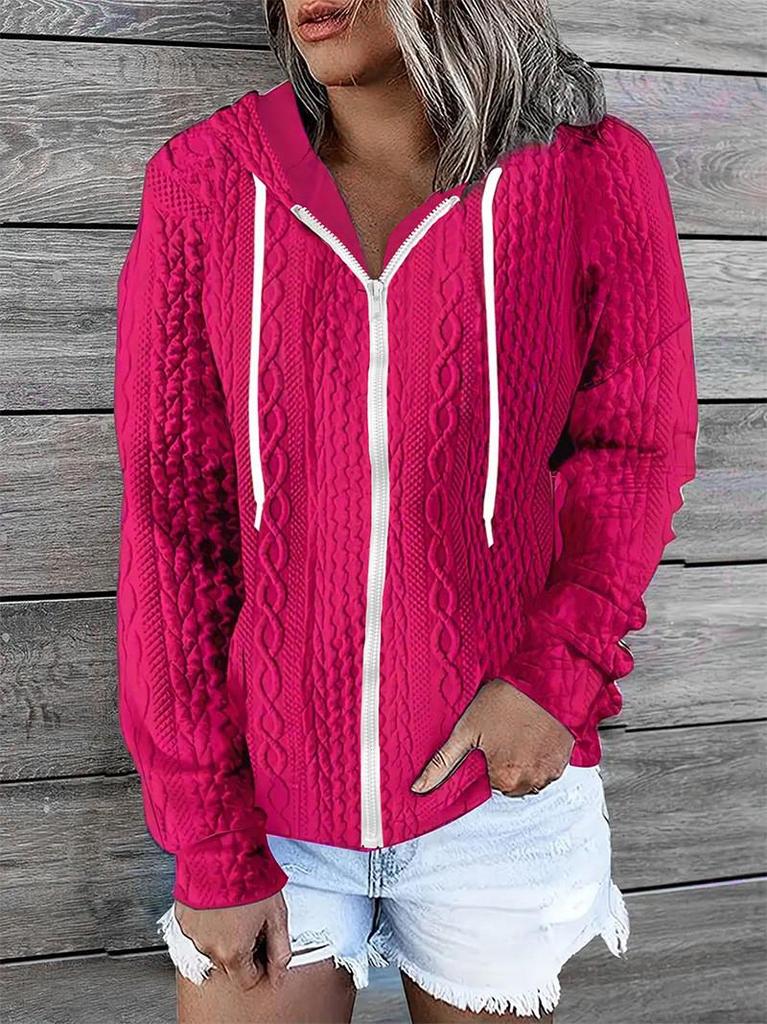 European & American Women's Autumn/Winter Casual Zipper Jacquard Hoodie Cardigan Coat
