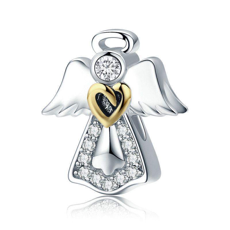 WOSTU 925 Sterling Silver Rainbow Moonstone Beads Heart Charms Angel Guard Pendant Fit Original Bracelet DIY Neckalce