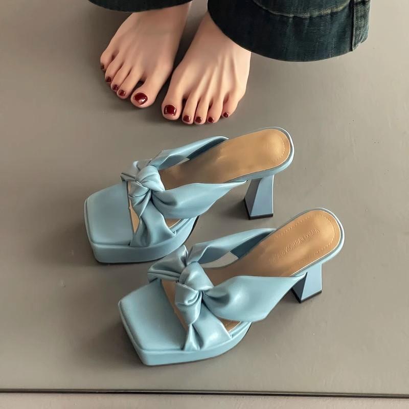Fashion Temperament Bow Women's Thick Heel One-word Slippers Summer Retro Height Increase and Thin High Heel Cool Slippers
