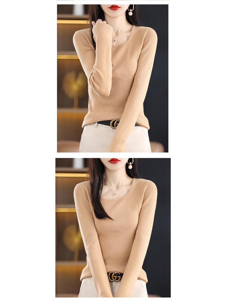 2025 Slim Fit Women's Square Neck 100% Wool Sweater - Thin U-neck Base Layer Top