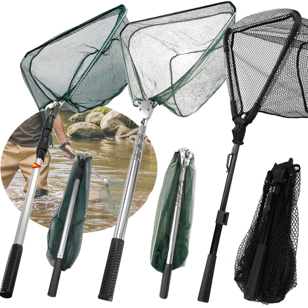 Folding Triangle Fishing Landing Net Telescopic Collapsible Extensible Handle Fishing Hand Net For Fish Carp Trout Catch Release