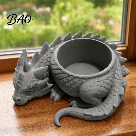 Detailed Dragon Sculpture Pot 3D Printed Lying Flowerpot for Small Green Plants, Decorative Succulents Planter Ornament, Dark Style Figurine