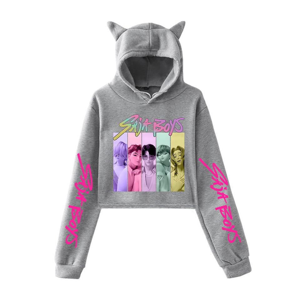 

Гаряче Аніме K-Pop Мисливці на Демонів Саджа Бой Кроп Топи Вушка Кота Толстовка Довгий Рукав Модний Худі для Дівчат XXS сірий