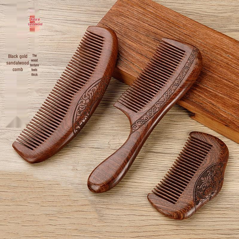 Natural Black Gold Double-Sided Sandalwood Comb: Carved Wooden Scalp Massager for Women's Long Hair - Ideal Mom Gift