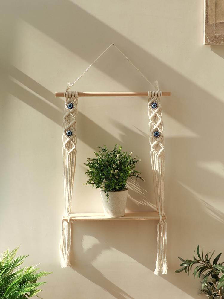 

Evil Eye Macrame Floating Wall Shelf With Sticks Home Decoration Boho Plant Flower Pot Tray Nordic Room Swing Display Shelf Gift