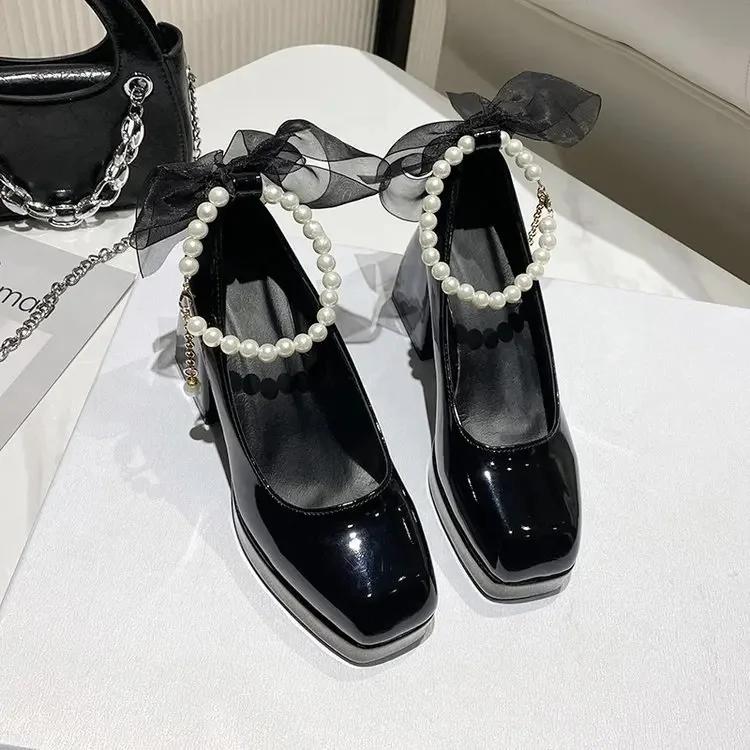 

Fashion Mary s New Style Women s High Heels Pearl White Patent Leather Thick Platform Single Shoe Cute Small Skin Shoes 42 чёрный