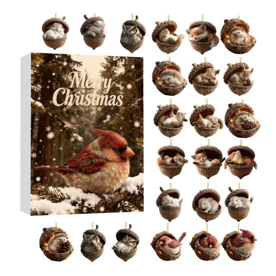 2025 Ozdoby Żołędzi Zwierzęta Leśne Kalendarz Adwentowy 2D Akrylowy Przytulny Las Zestaw Ozdób Świątecznych Szyszka Zwierzę Odliczanie Dekoracja na Choinkę