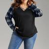 Ladies' Casual And Fashionable Plus Size Checkered Printed Patchwork Long Sleeved V-neck Top