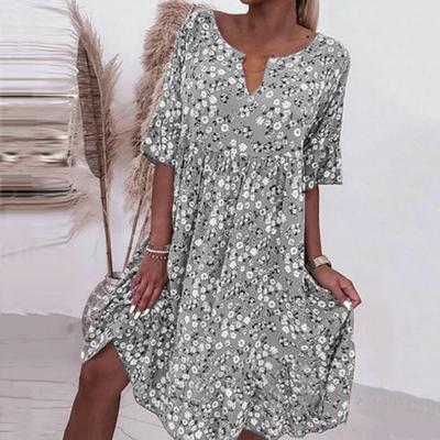 Sukienka średniej długości Moda codzienna Krótki rękaw Dekolt w kształcie litery V Luźna odzież na co dzień Poliester Kwiat Drukuj Sukienka plażowa Dostawa na wakacje