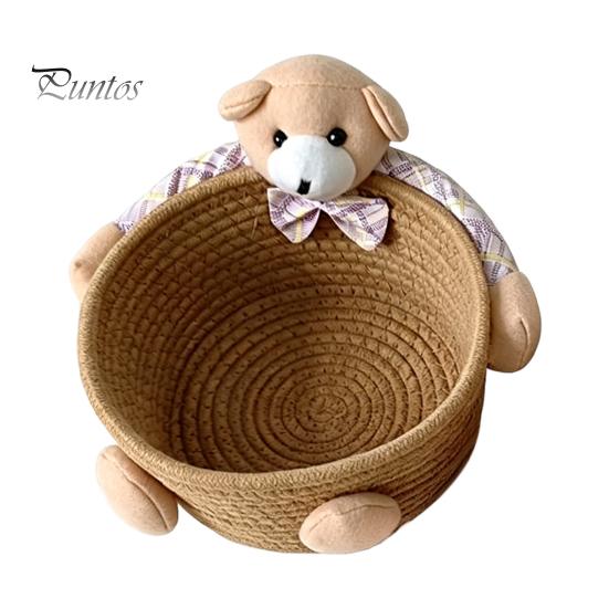 Gentle Color Storage Basket Desktop Basket, Cartoon Plush Bear And Rabbit Rope Decorative Plaid Bow Organizer Shape, Woven for Small Items Jewelry