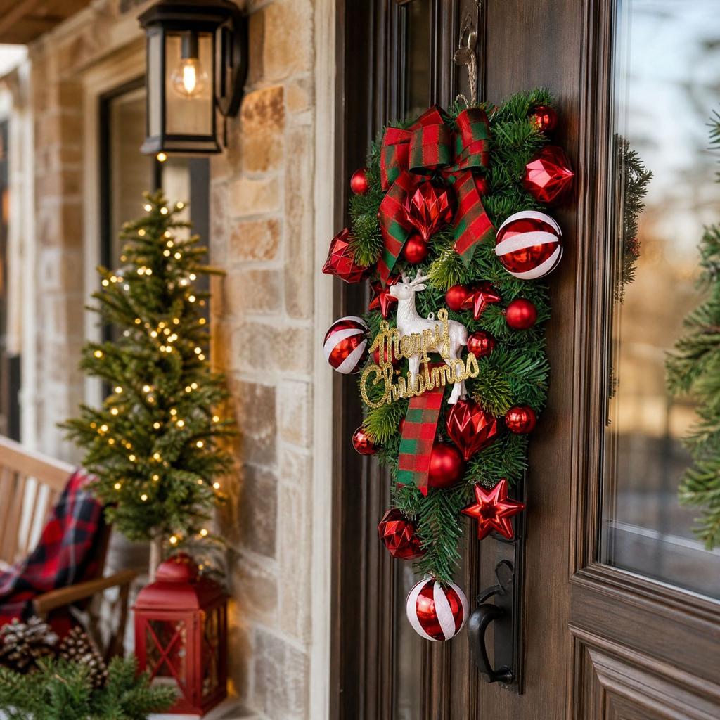Christmas Wreath with Red Berries and -Down for Outdoor Front Door Hanging Decor