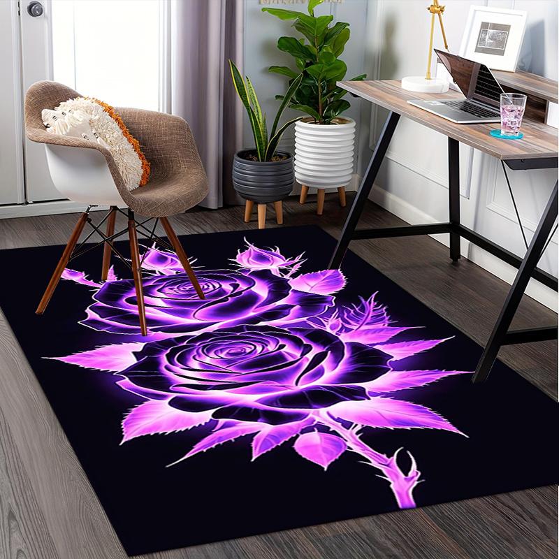 Charming Purple Glowing Rose Chair Mat Office Carpet, Oversized Rug for Home Decor, Sofa Mat, Desk Pad Gift, Suitable for Bedroom, Living Room