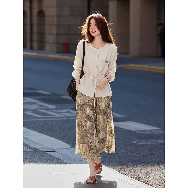 Su Xing De Le Yuan Elegant French Retro Shirt & A-line Skirt Set